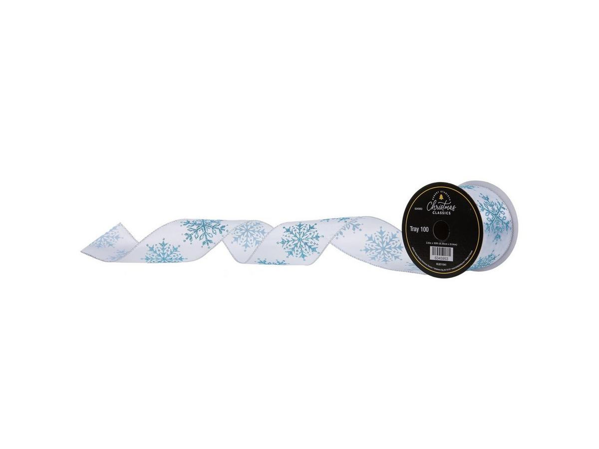 White & Blue Glitter Snowflakes Wired Edge Ribbon | Hobby Lobby