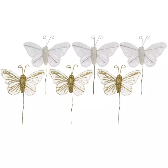 Golden Gold Butterflies on White Fabric