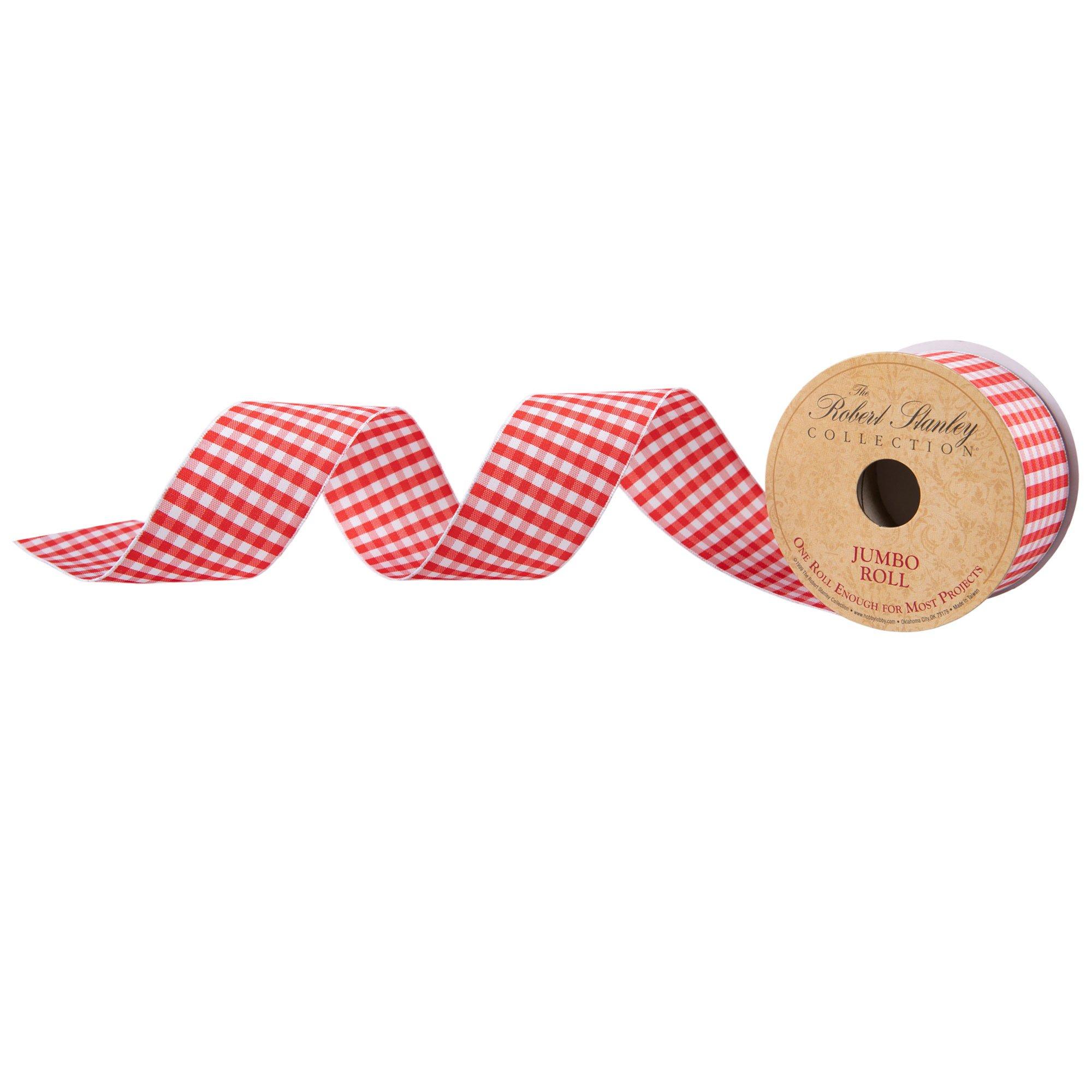 1.5 x 100 Feet Red Mini Gingham with Center Stripe and Vertical Stripe Back Wired Ribbon