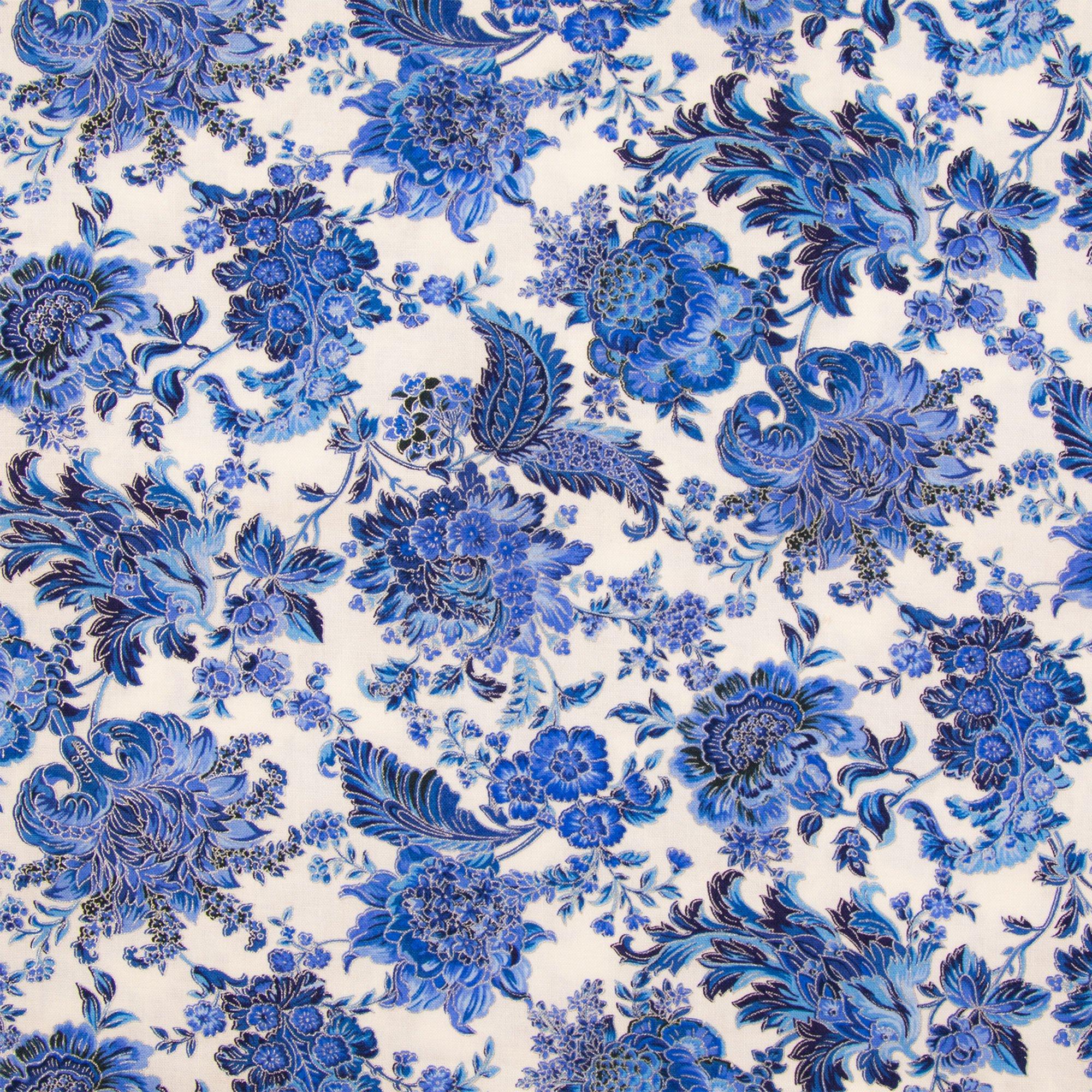 White & Blue Floral & Paisley Cotton Calico Fabric Hobby Lobby 397786