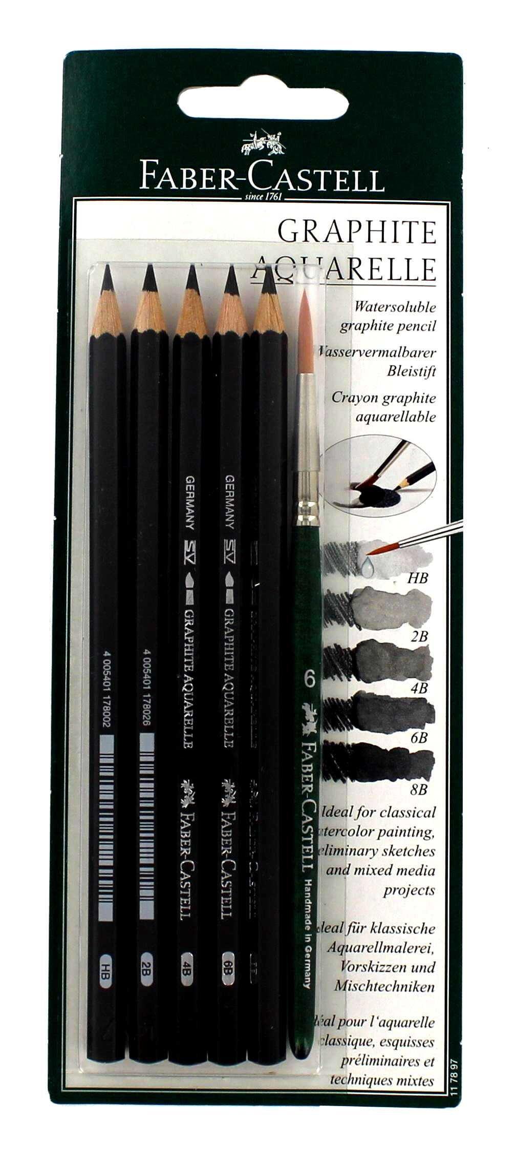 Faber-Castell 5 Piece Quality Water-Soluble Graphite Aquarelle Pencils in a  Tin, Including HB, 2B, 4B, 6B and 8B 