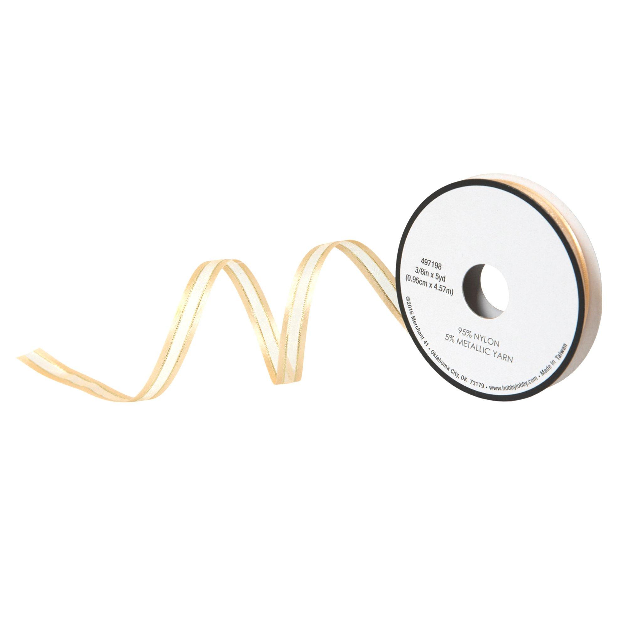 Striped Metallic Satin & Sheer Ribbon gold color, 3/8" ribbon-width view 1