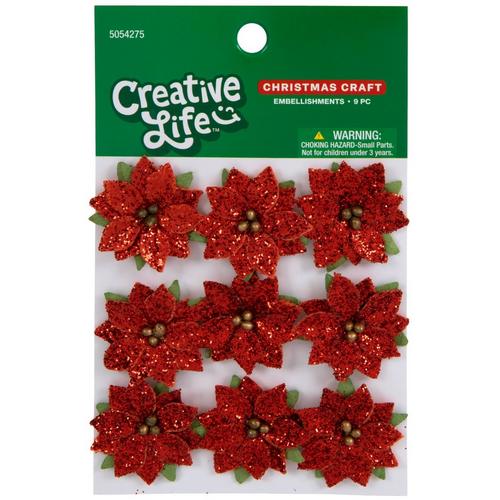 Red - Glitter Poinsettia Embellishments