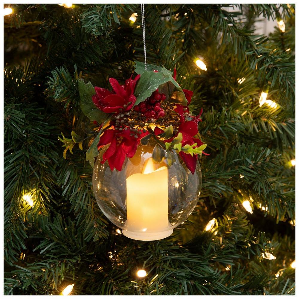 Red Flowers & LED Candle Ornament