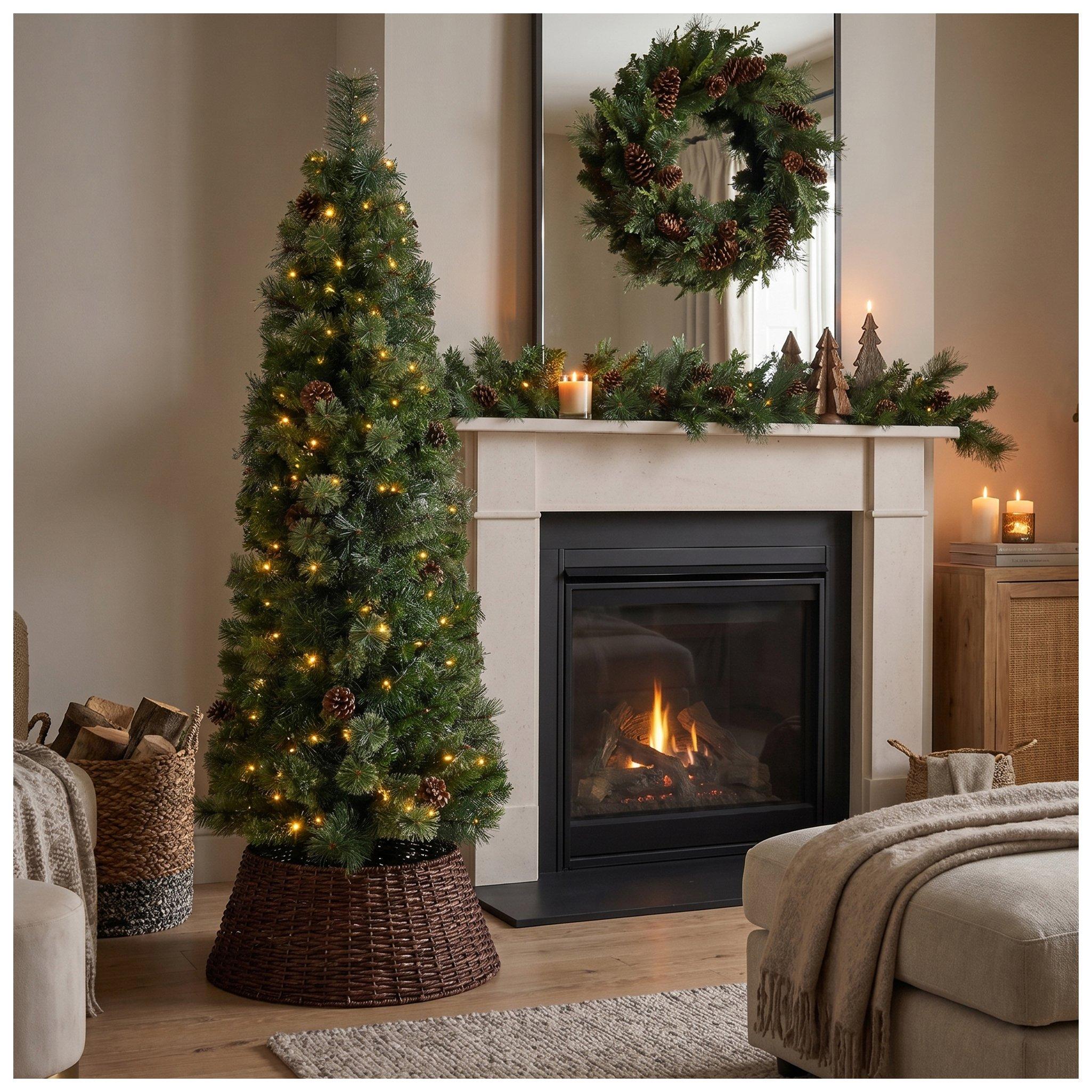 pre dressed christmas tree LuxenHome 7.2Ft Pre-Lit Snow-Flocked Artificial with Metal Stand To achieve a lifelike look and the desired fullness Ultra Slim Cashmere Bristol Pine