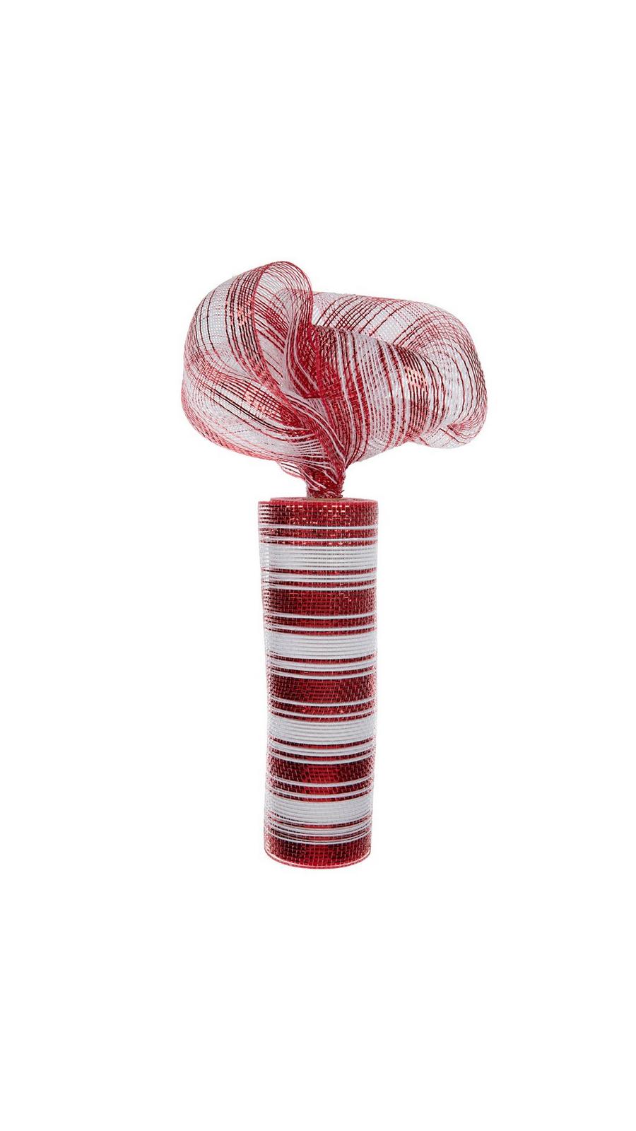 Red & White Striped Metallic Deco Mesh Ribbon - 10