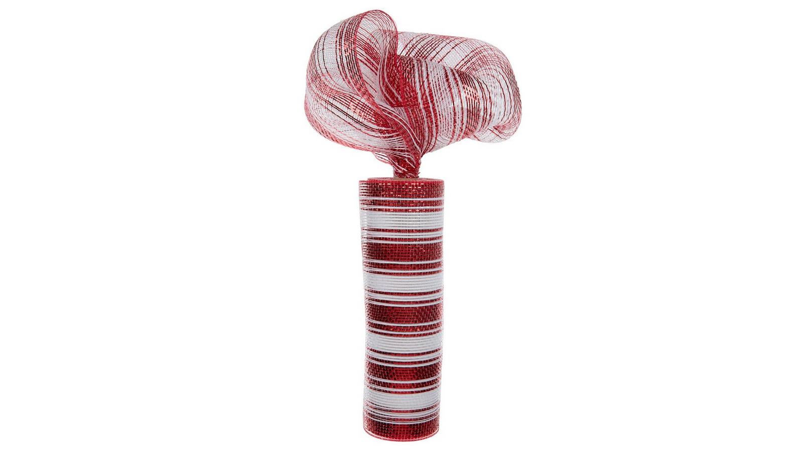 Red & White Striped Metallic Deco Mesh Ribbon - 10