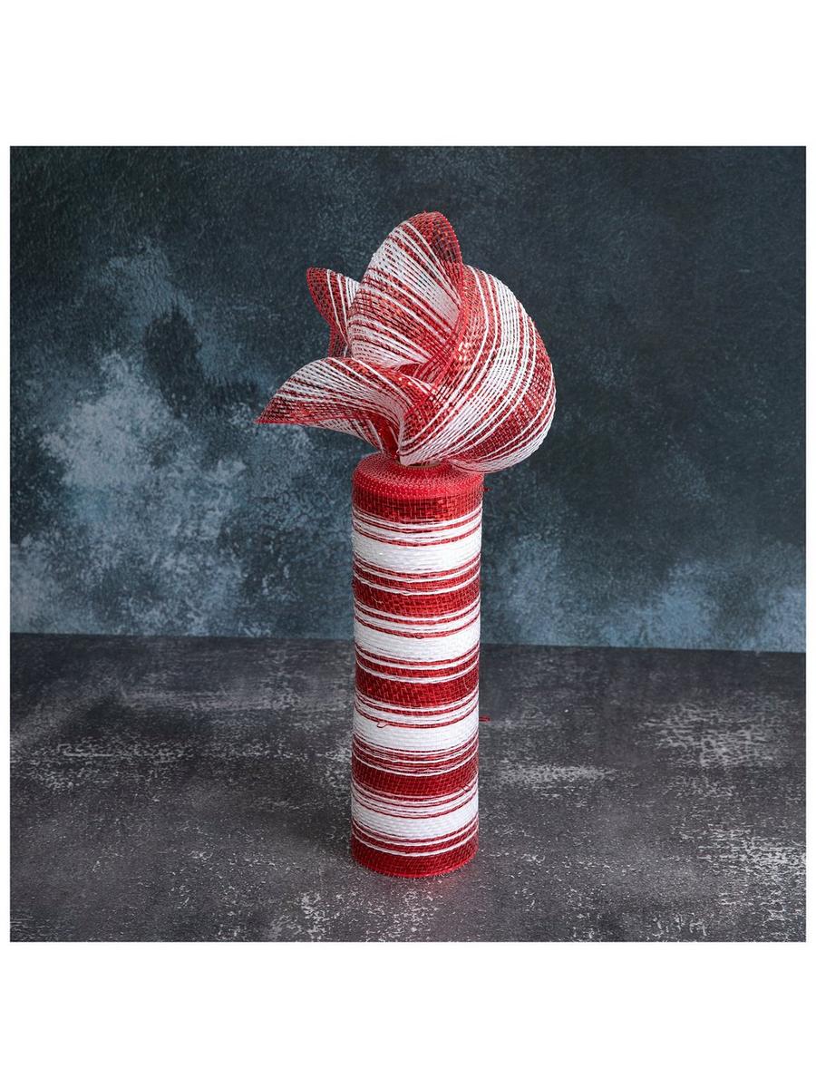 Red & White Striped Metallic Deco Mesh Ribbon - 10