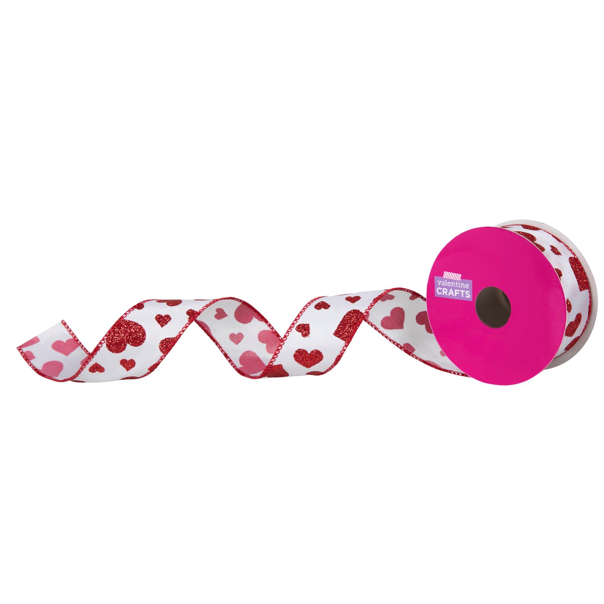 Glitter Heart Double-Face Wired Edge Satin Ribbon - 1 1/2