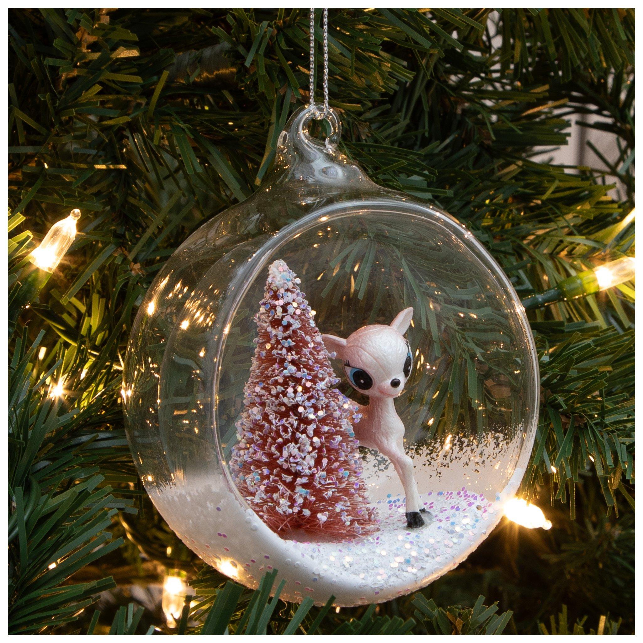 Pink Reindeer & Tree Snow Orb Ornament view 1