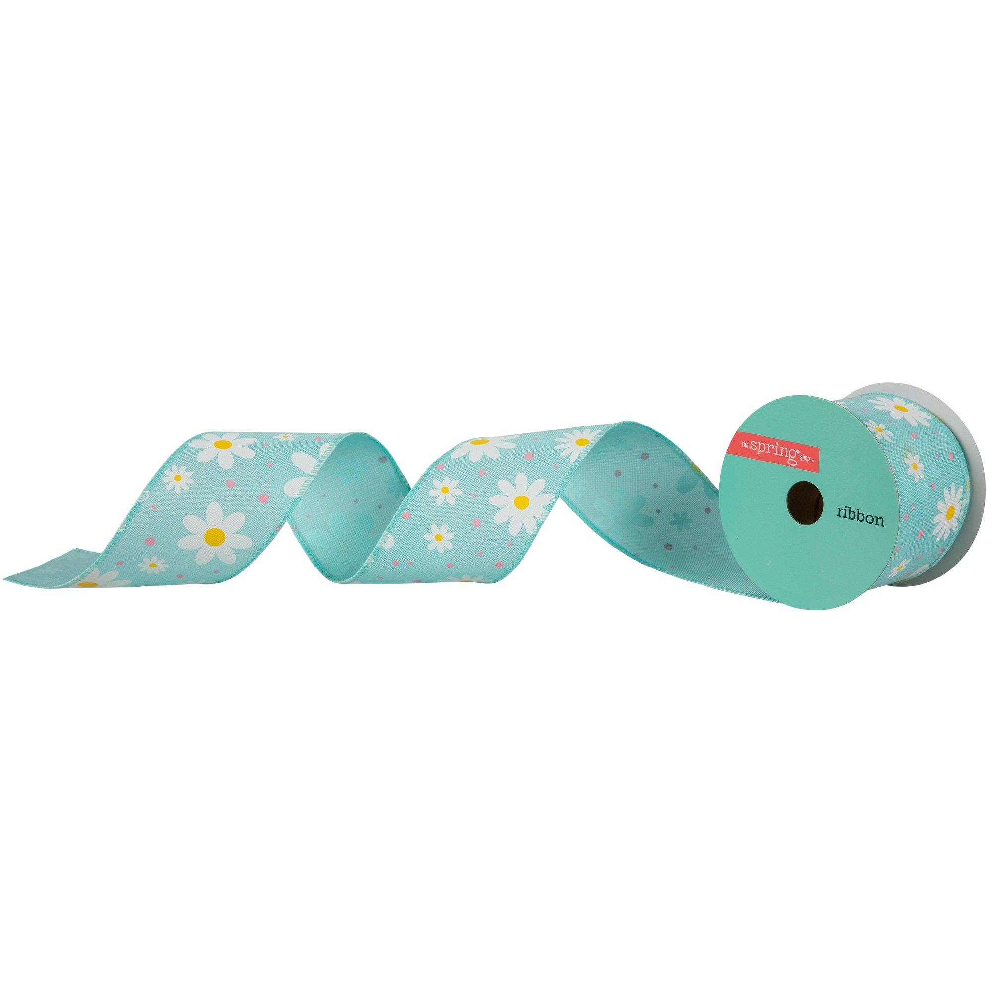 Blue Daisy Wired Edge Burlap Ribbon - 2 1/2