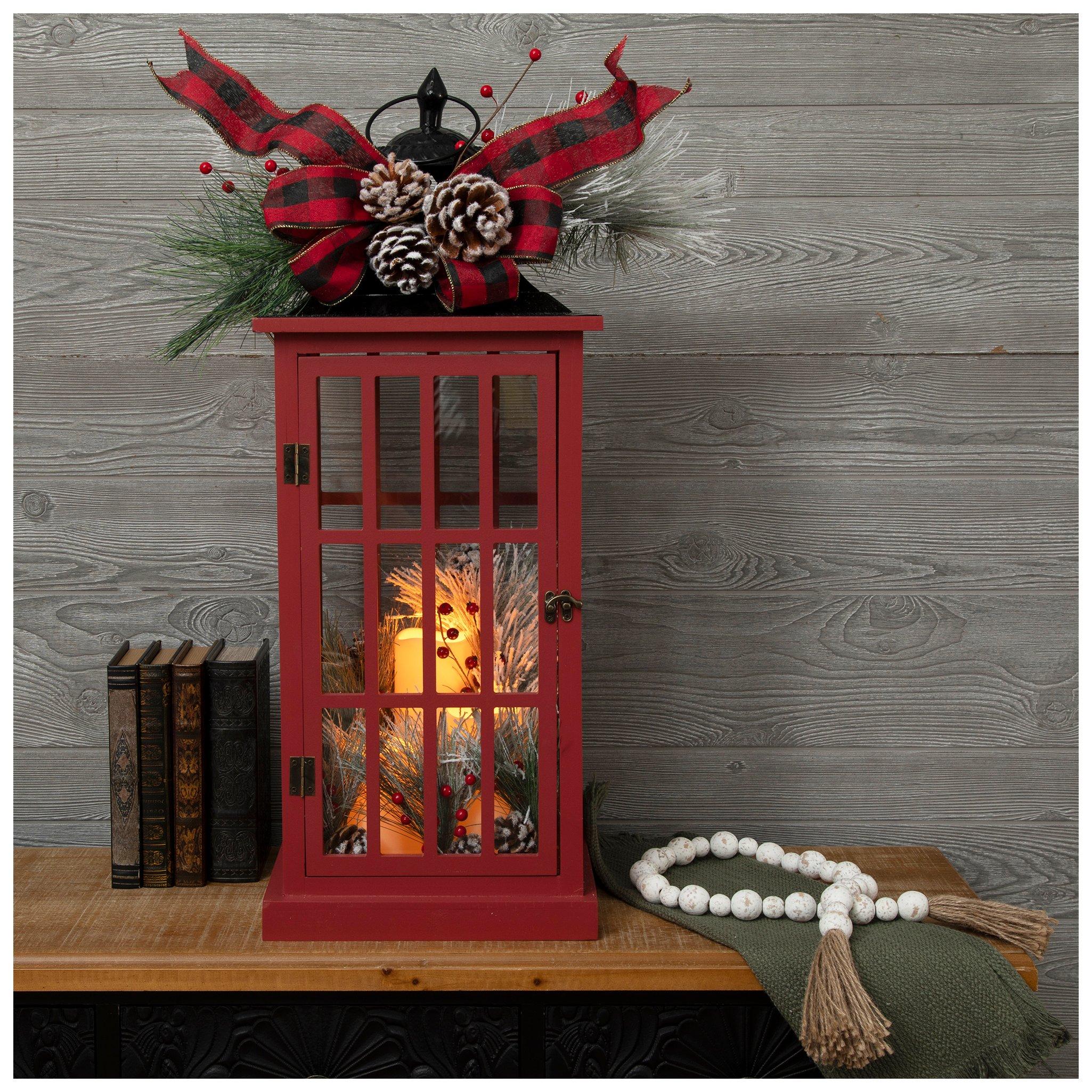 Red Berry Pinecone Wood LED Lantern