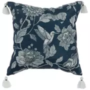 Navy Flowers & Birds Tassel Pillow