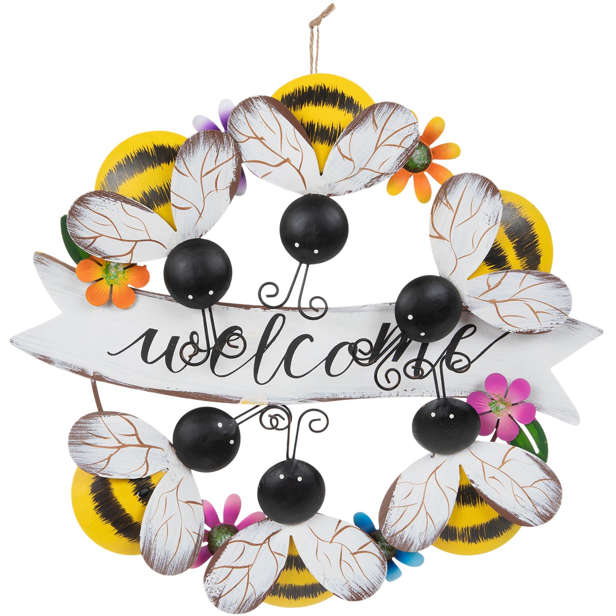 solacol Bee Decorations for Home Retro Welcome Iron Wall Decoration Bee  Sunflower Beetle Wreath Decor Farmhouse Wall Decor 