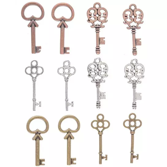 23x9mm Small Ornate Key Charms, Antique Gold, Pack of 10 - Golden Age Beads