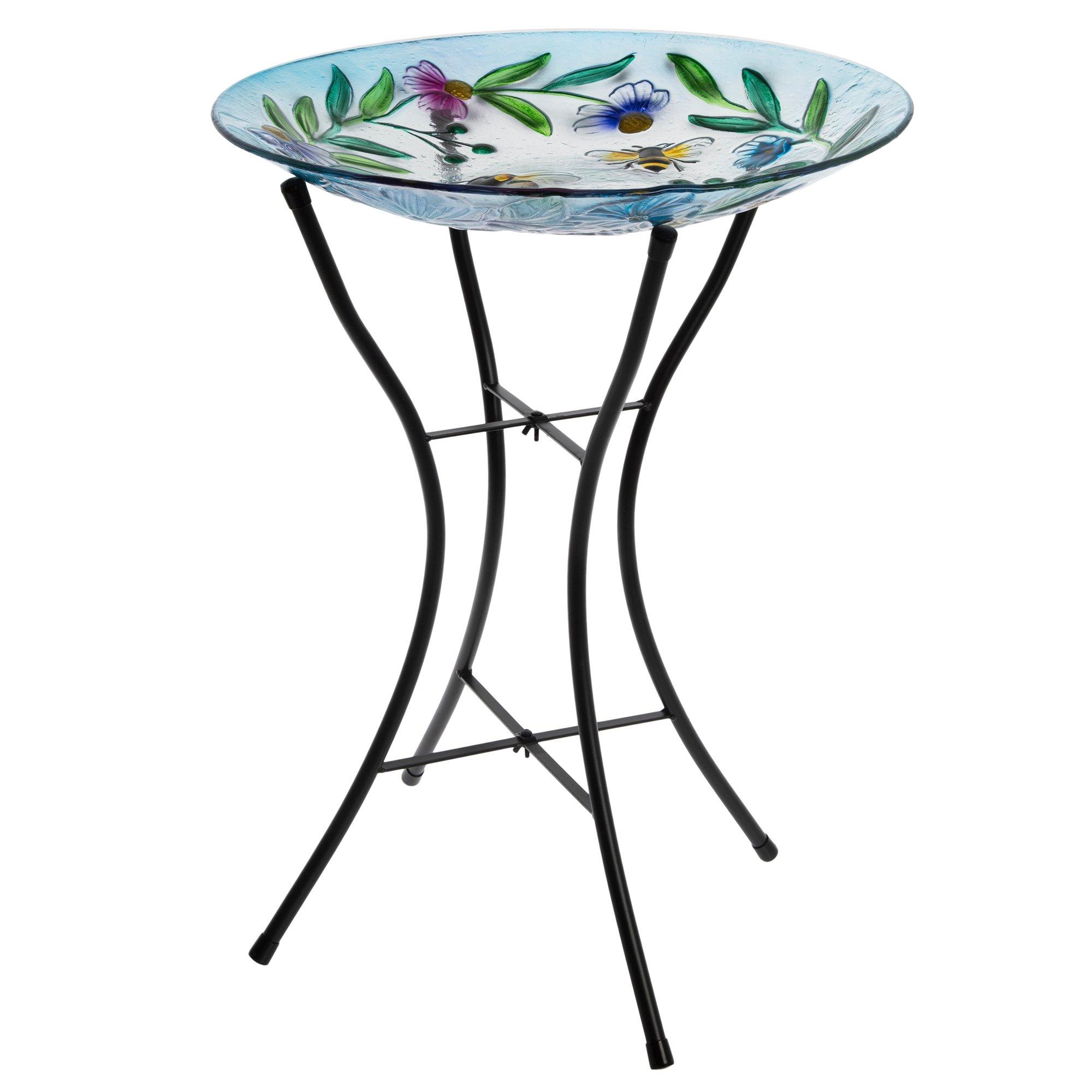 Flowers &amp; Bees Glass Bird Bath