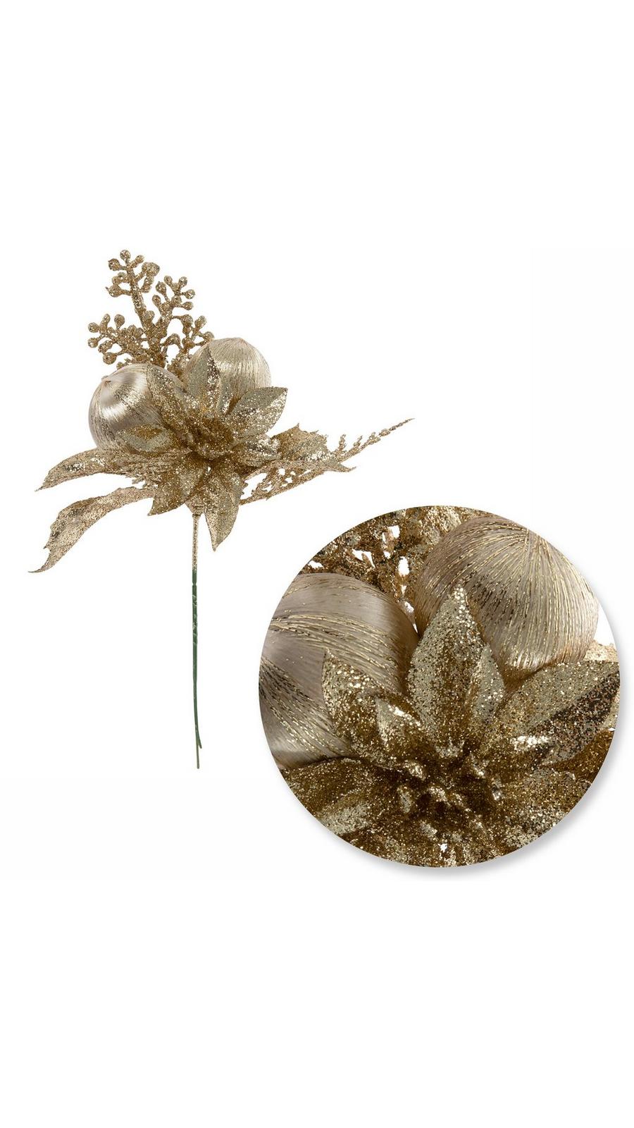 Gold Glitter Poinsettia & Ornaments Pick | Hobby Lobby | 5960166