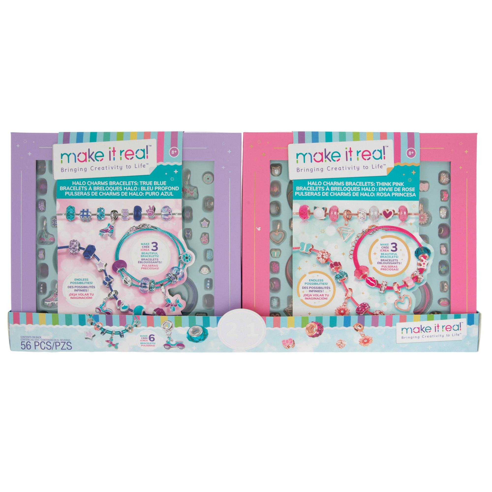 Make It Real: Halo Charms 2-in-1 True Blue & Think Pink DIY Jewelry Kit -  Create 6 Bracelets, 56 Pieces, Tweens & Girls Ages 8+ 