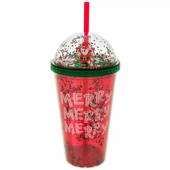 Christmas Santa Holiday Light Up Plastic Cup with Straw Red & Clear ~New~