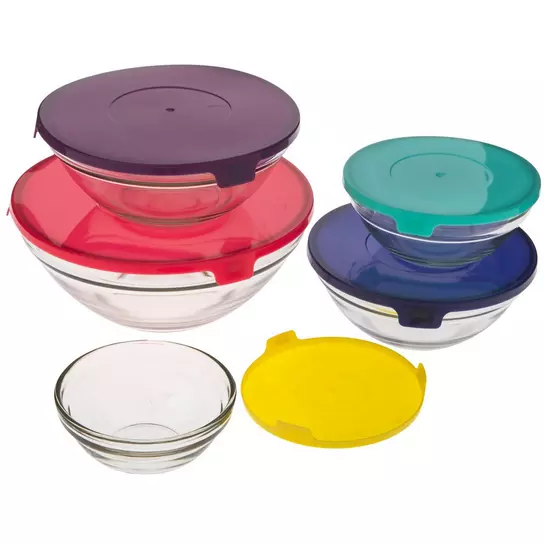 Glass Bowls With Multi-Color Lids - 10 Piece Set