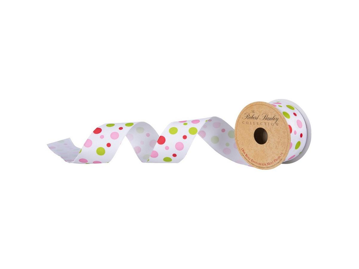 Pink & Green Dots Wired Edge Grosgrain Ribbon - 1 1/2