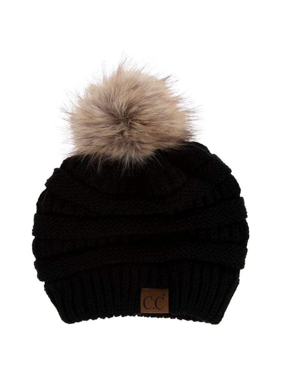 Wide Brim Black Wool  Hat With Brown Ribbon & Decorative Pom-Poms Pom-Pom Cashmere Hat - Black | MaisonCashmere main image 3