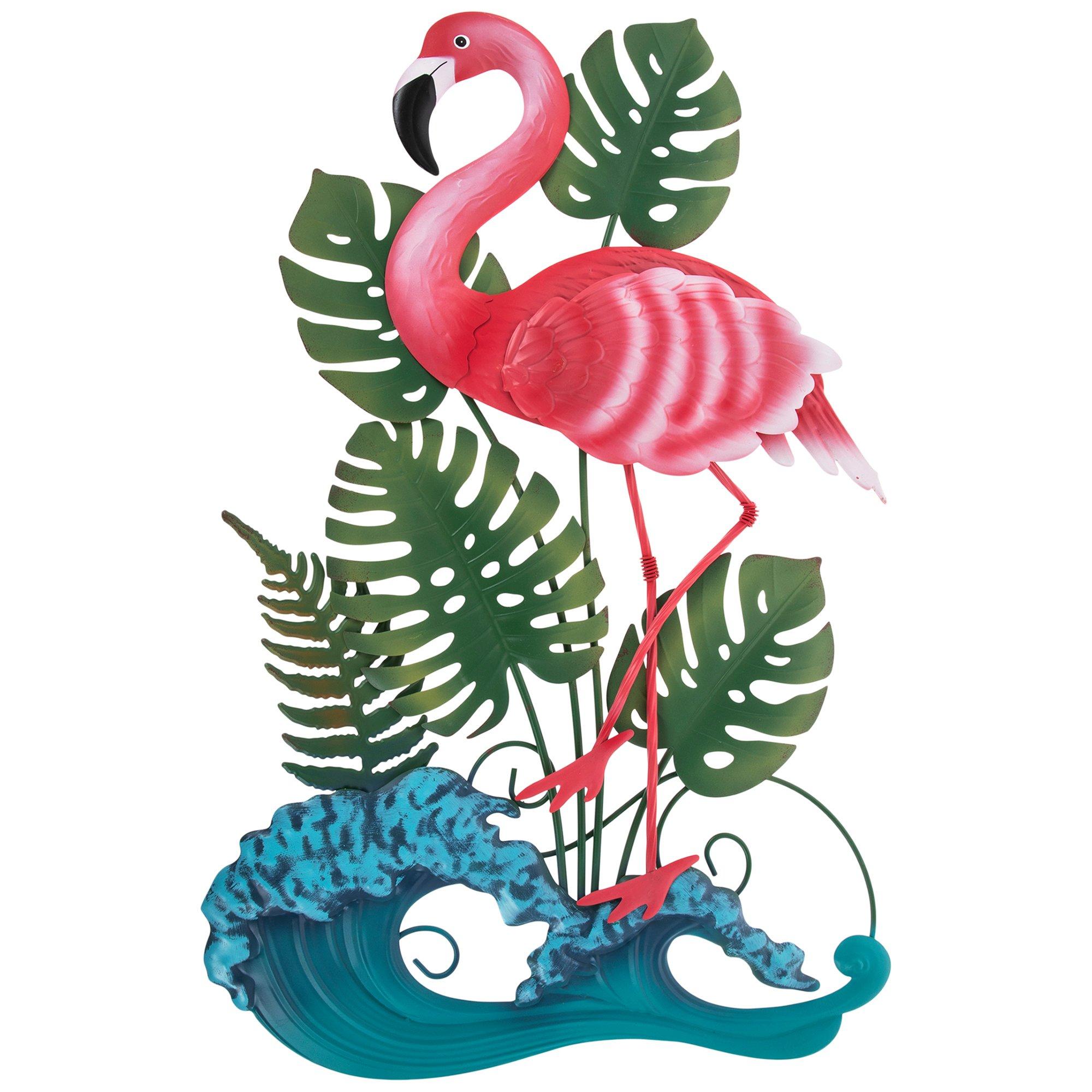 Flamingo &amp; Tropical Leaves Metal Wall Decor