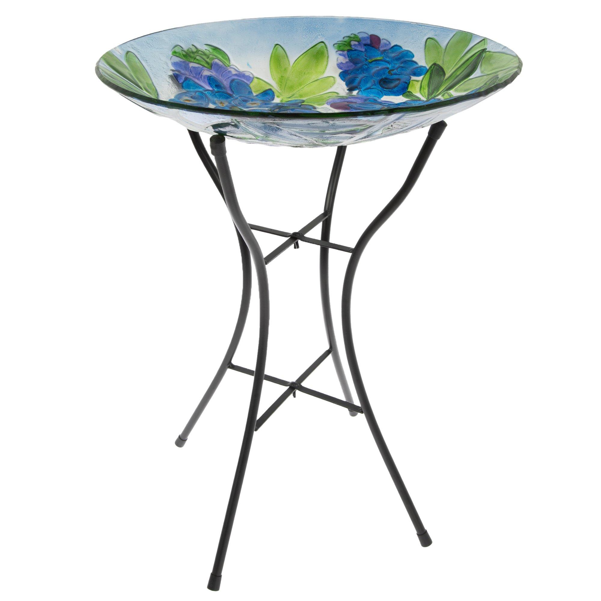 Blue Flowers Glass Bird Bath