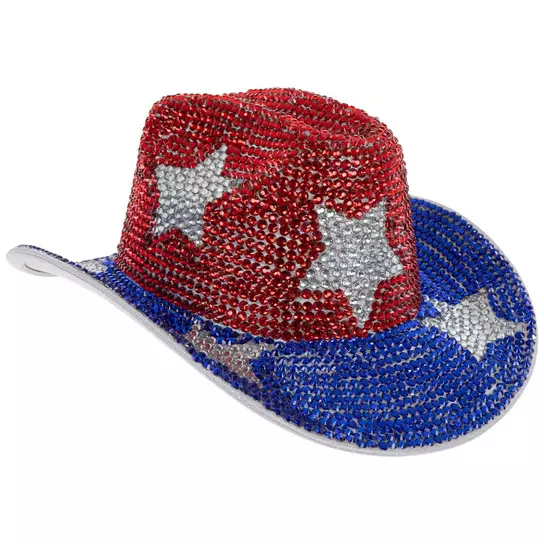 Cowboy Glitter Hat Stars & Stripes Adult Red Silver Cowboy Glitter Hat Stars & Stripes Adult Red Silver
