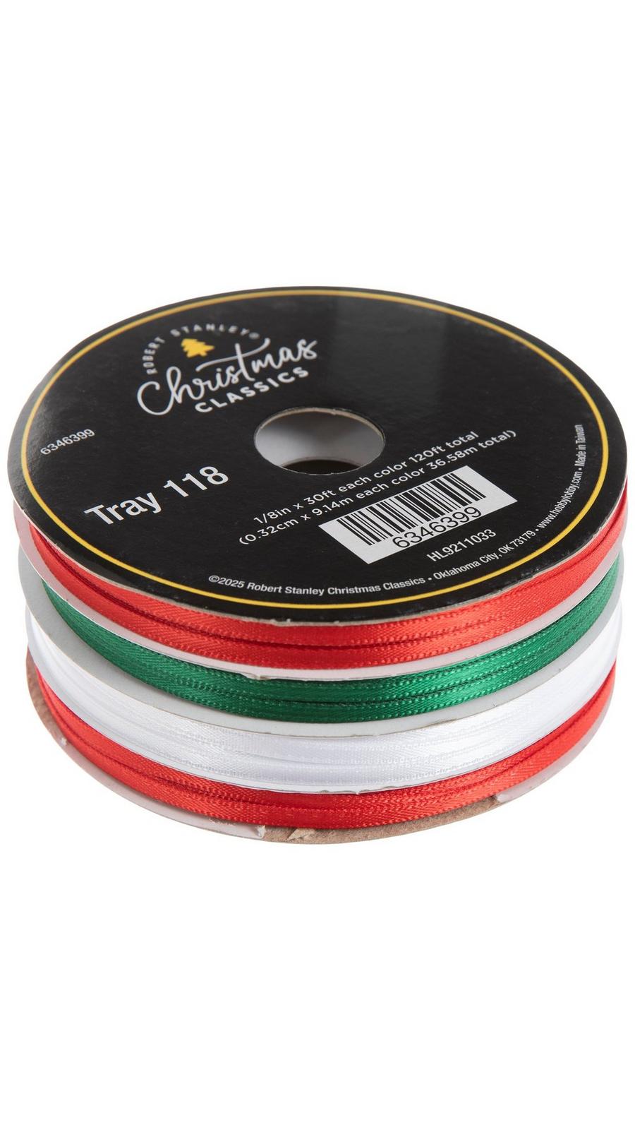 Red, Green & White Satin Ribbon - 1/8