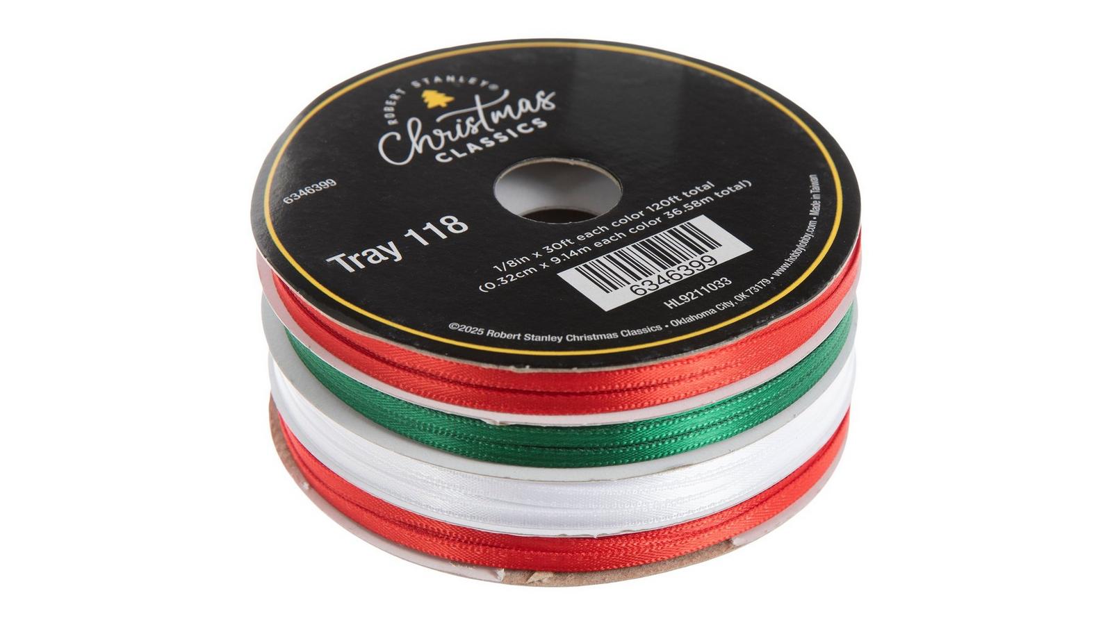 Red, Green & White Satin Ribbon - 1/8