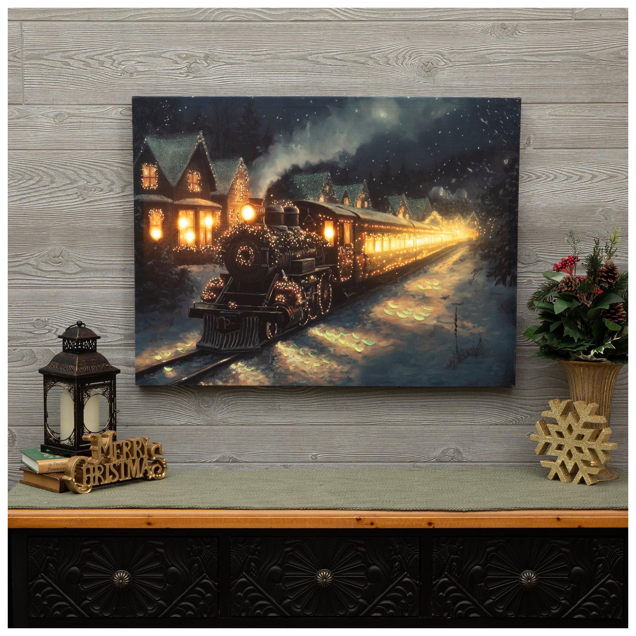 【アメリカで購入】ライトが光るクリスマスのトレーラーアートボード Holiday Train Light Up Canvas Wall Decor | Hobby Lobby | 6347850