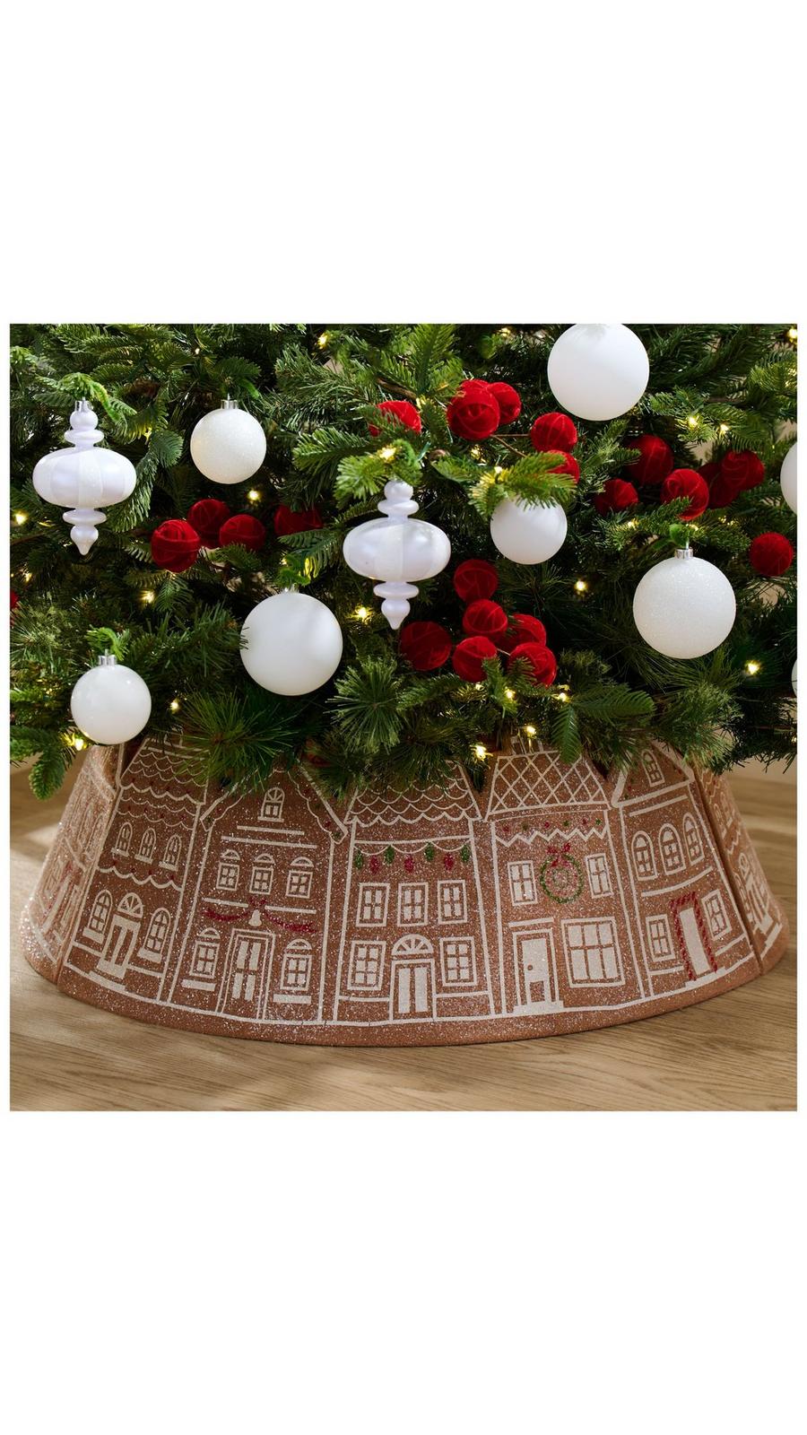 LED Christmas Tree Collar - Gingerbread House Design, 28 Inch, Battery Powered, PVC Tree Skirt