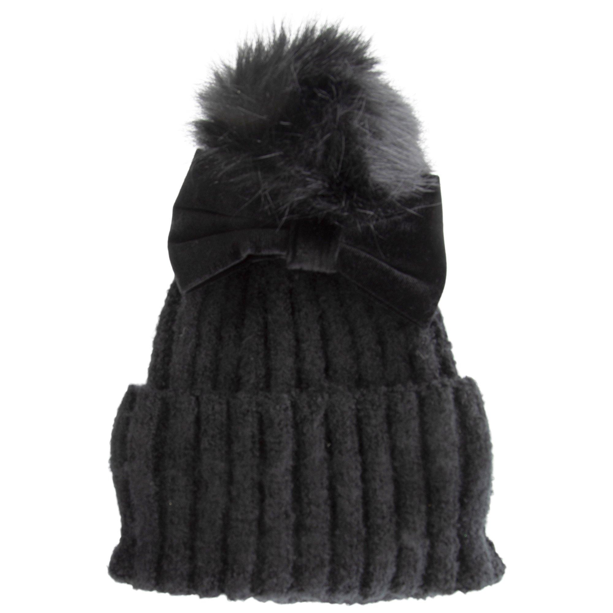 New Custom Designed Black Knit Slouchy Pom Beanie with Black Bow. ScarvesMe Soft Warm All Over Rhinestone Mini Bow Pom Beanie  main image 2