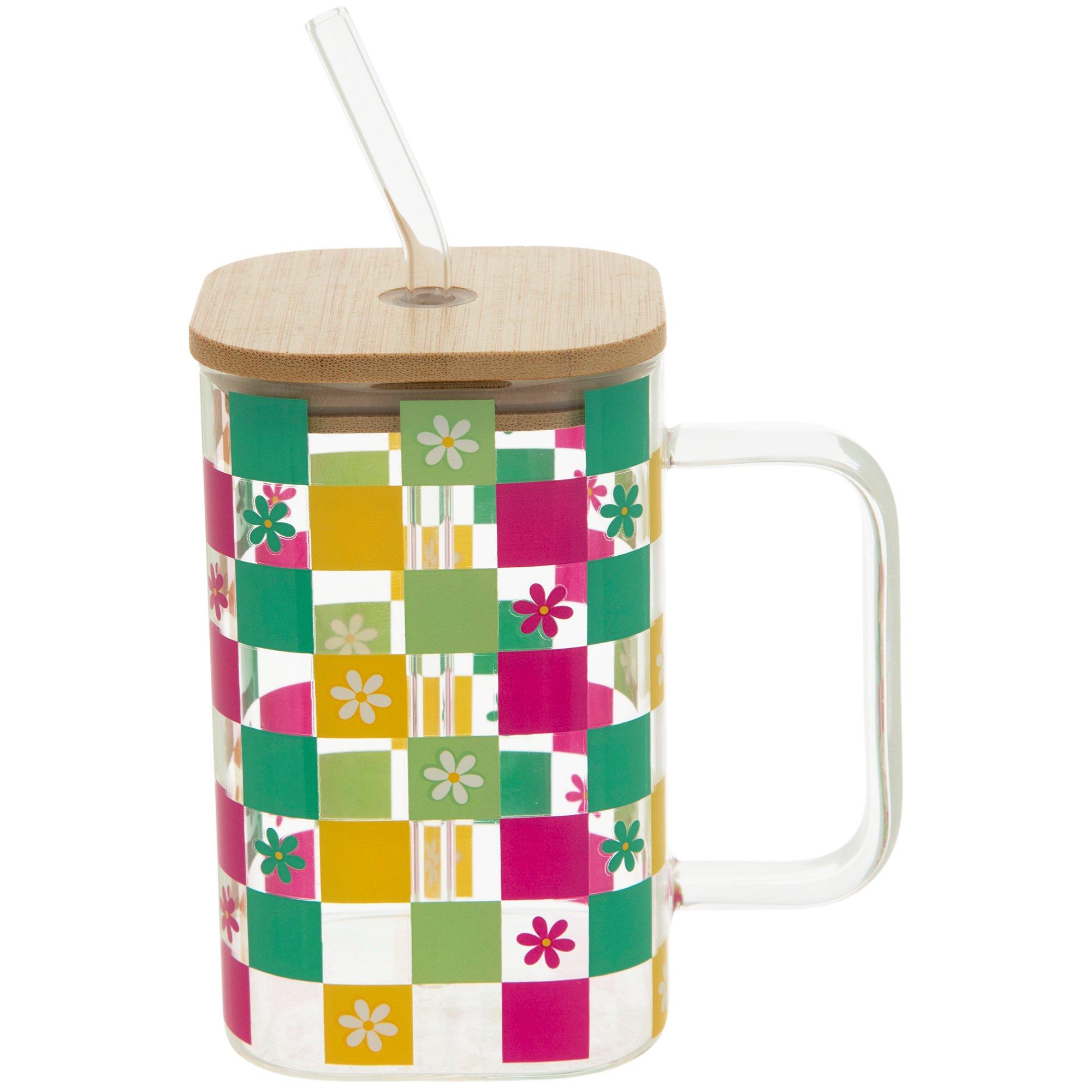 Checkered Print & Flower Glass Cup With Lid | Hobby Lobby | 6389274