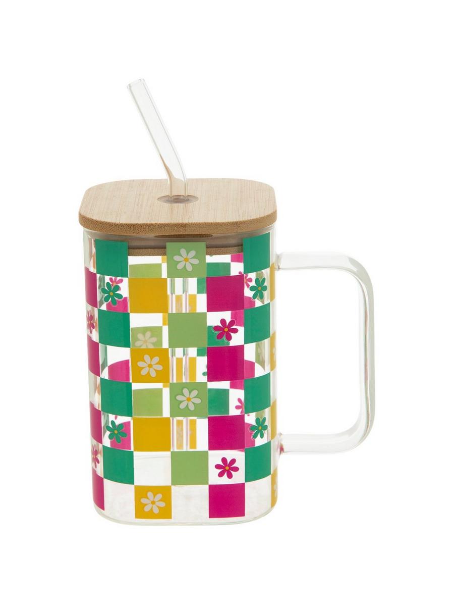 Checkered Print & Flower Glass Cup With Lid | Hobby Lobby | 6389274