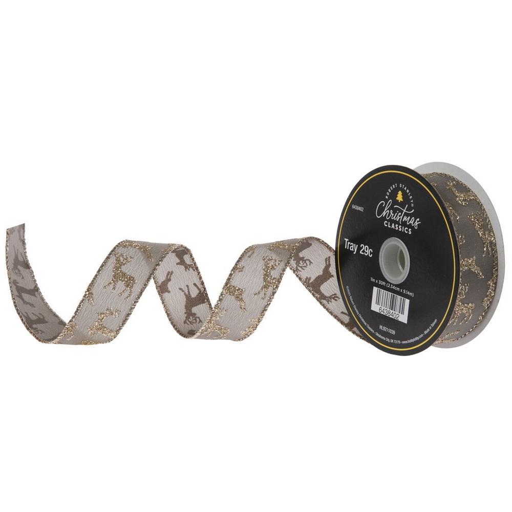 Gray & Gold Reindeer Glitter Wired Edge Ribbon | Hobby Lobby | 6438402