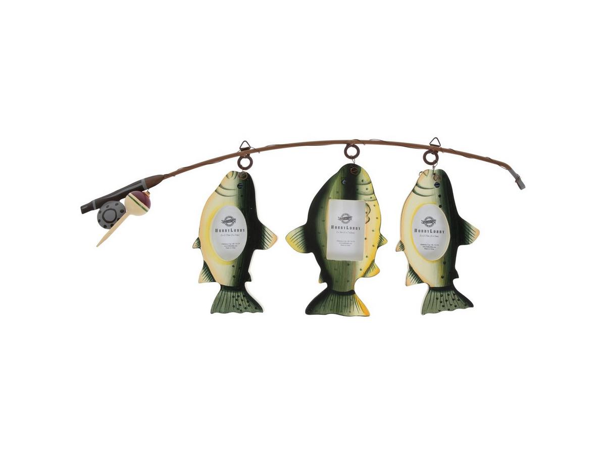 display photos hanging from an old fishing pole AZEZO Wood Picture Frame - Three 4''x4'' Frames, Real Fishing Rod Design, Adjustable and 6.4cm 6.4cm. The BIG Catch FLY Fishing