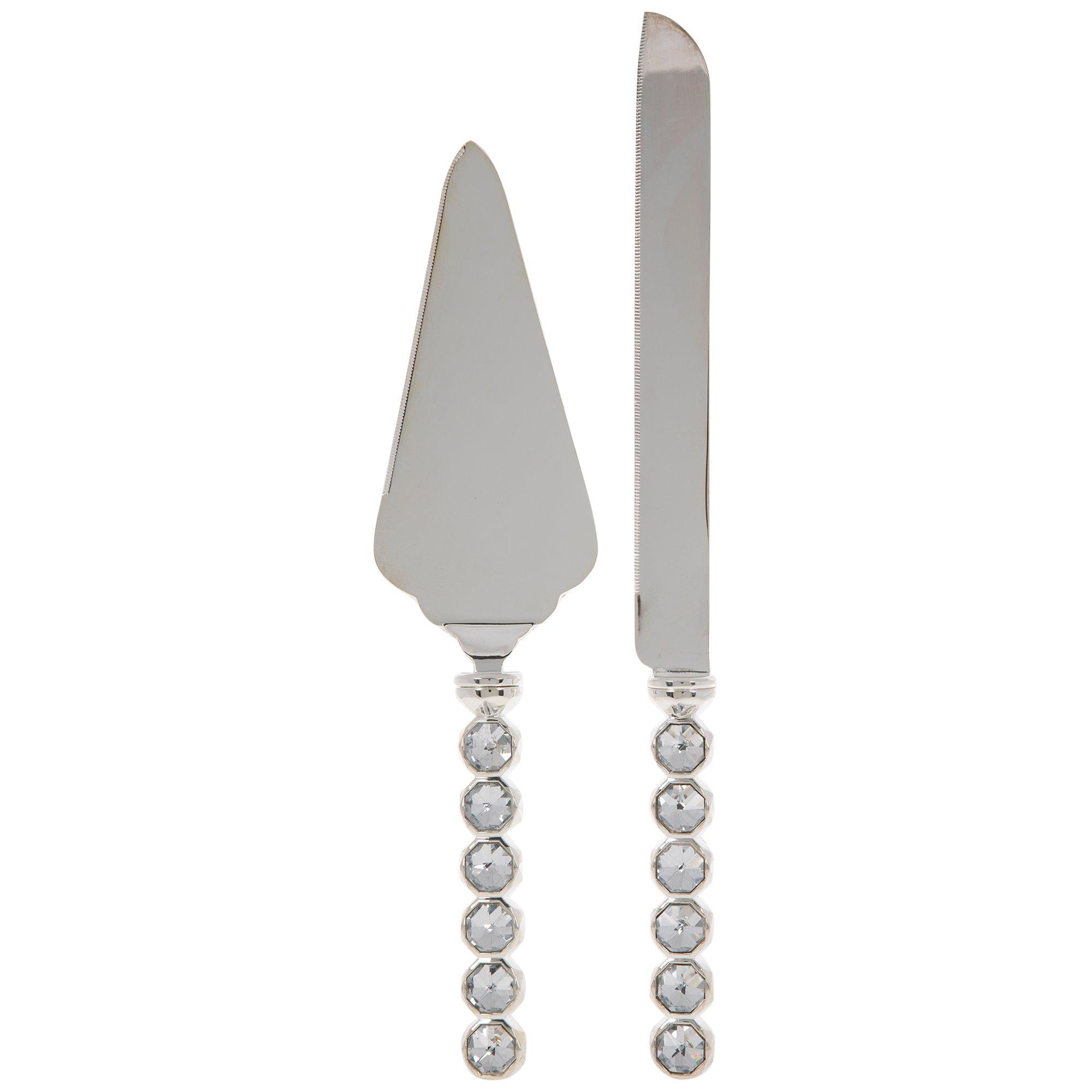 Knife and Server Crystal Handles Cake Serving Set - Silver with Clear