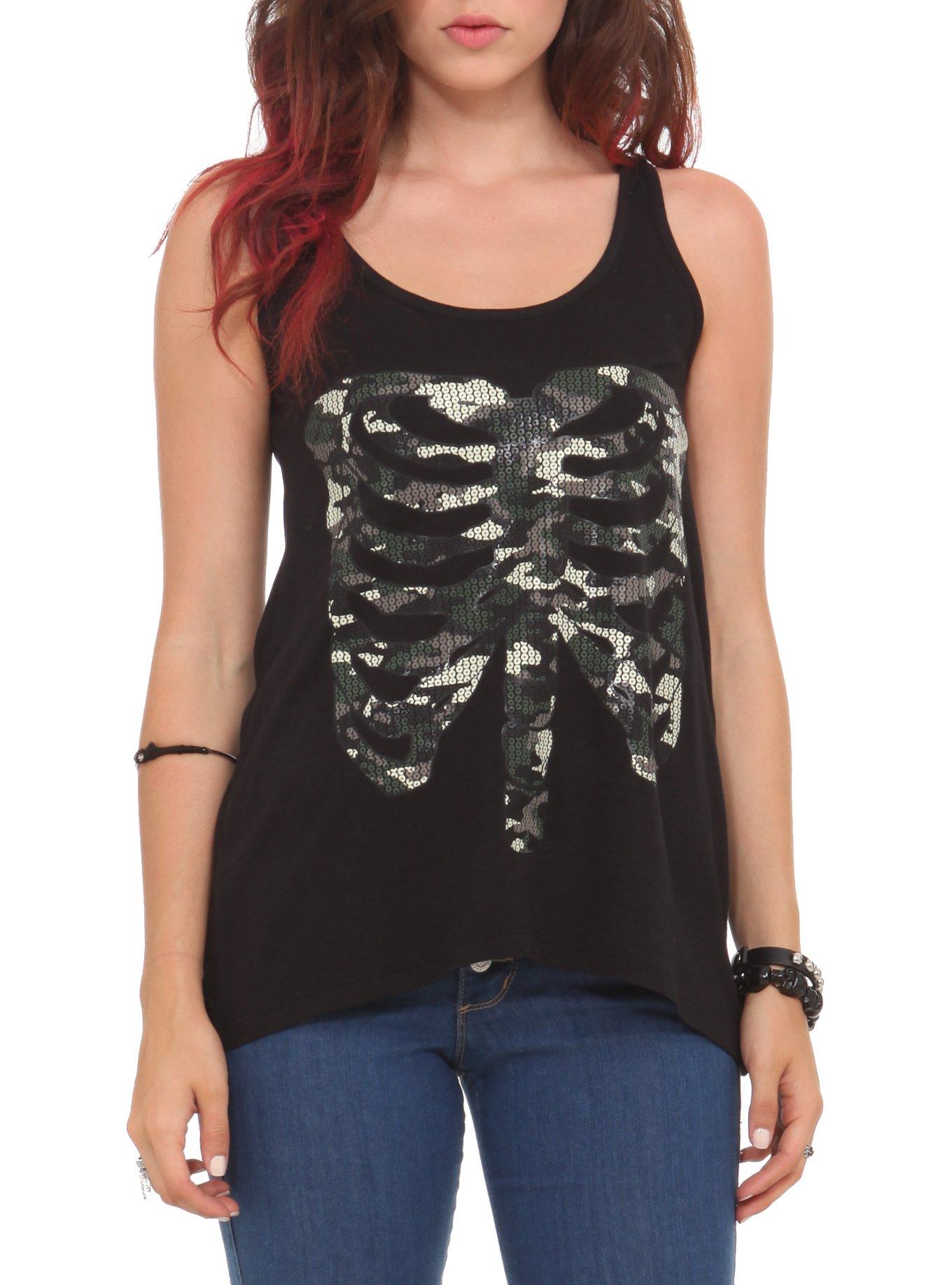 Teenage Runaway Camouflage Sequin Rib Cage Tank Top, BLACK, hi-res