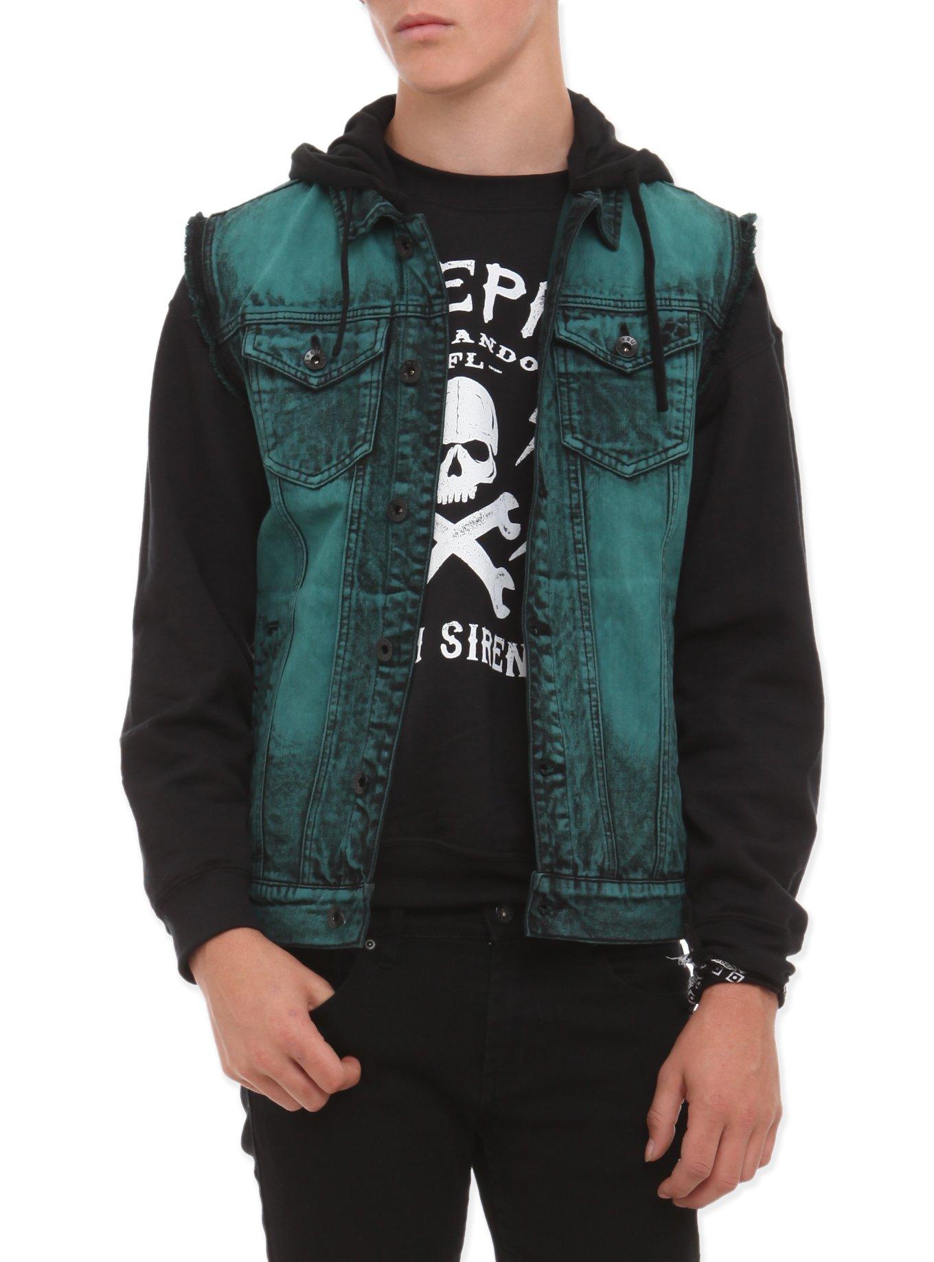 XXX RUDE Turquoise Cloud Wash Hooded Denim Vest, TURQUOISE, hi-res