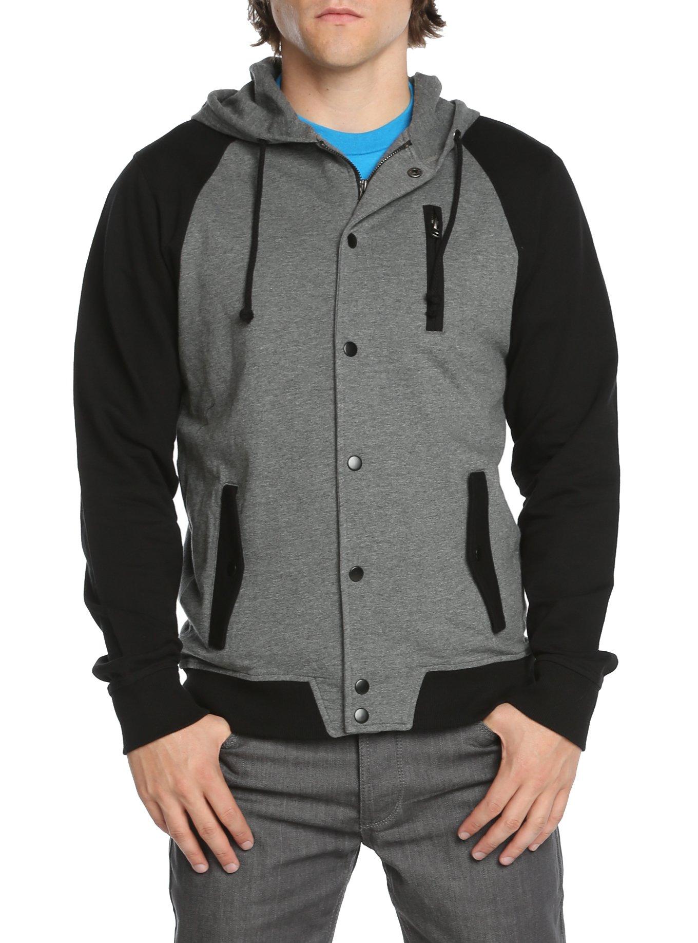 XXX RUDE Black Grey Raglan Snap Zip Hoodie, HEATHER GREY, hi-res