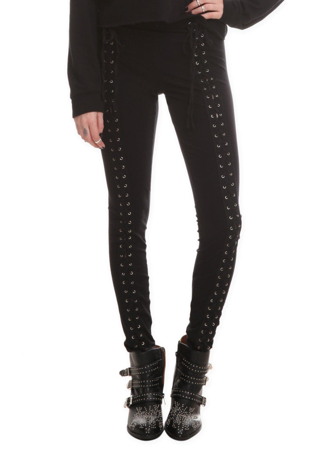 Black Front Lace-Up Leggings, BLACK, hi-res