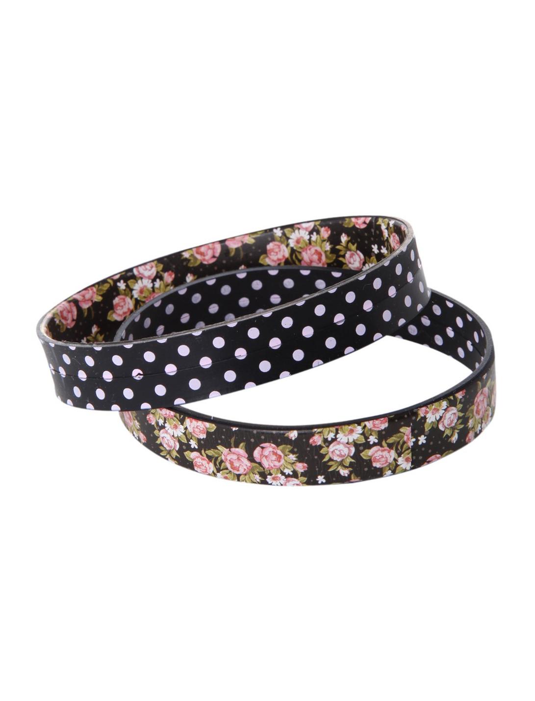 Pink Black Floral Polka Dot Rubber Bracelet 2 Pack, , hi-res