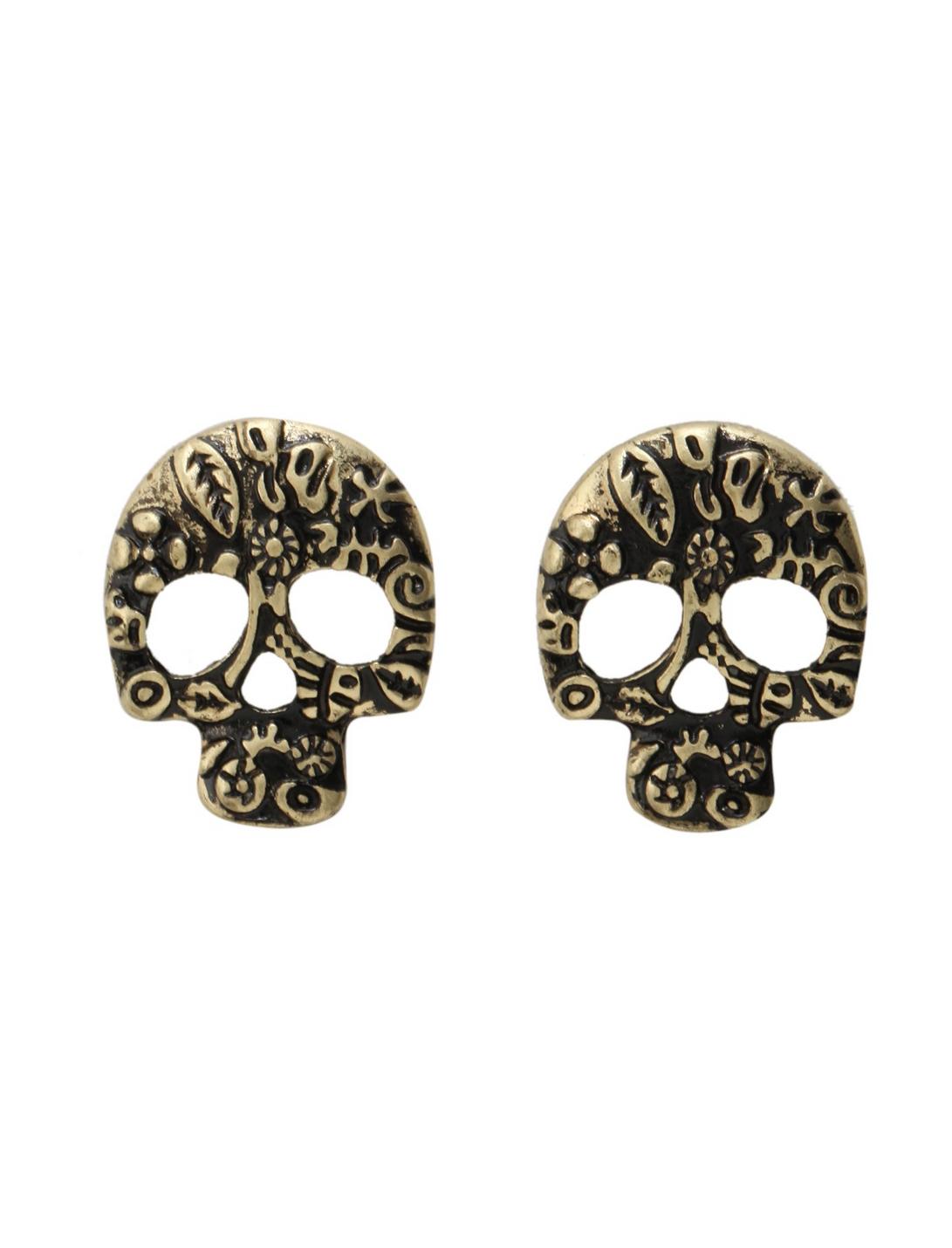 LOVEsick Burnished Gold Day Of The Dead Skull Earrings, , hi-res