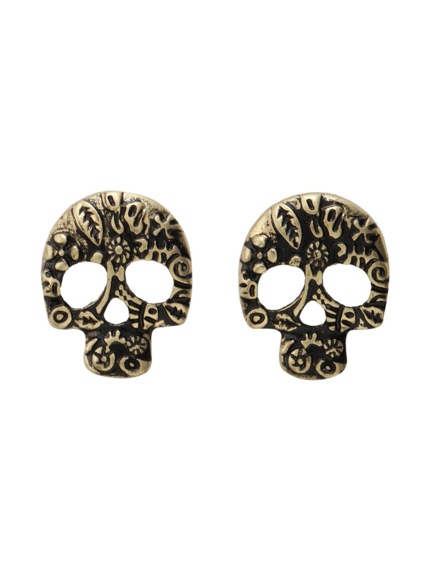 LOVEsick Burnished Gold Day Of The Dead Skull Earrings, , hi-res