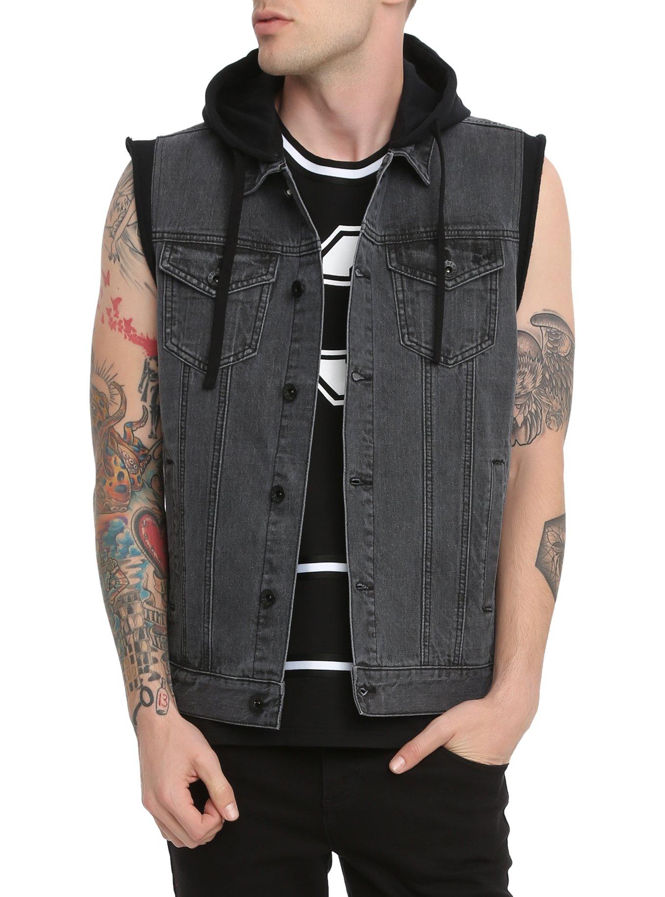 XXX RUDE Faded Black Fleece Cap Hooded Denim Vest, , hi-res