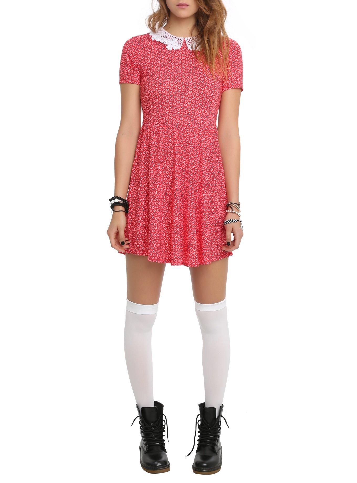 Teenage Runaway Red Skull Doily Collar Dress, RED, hi-res