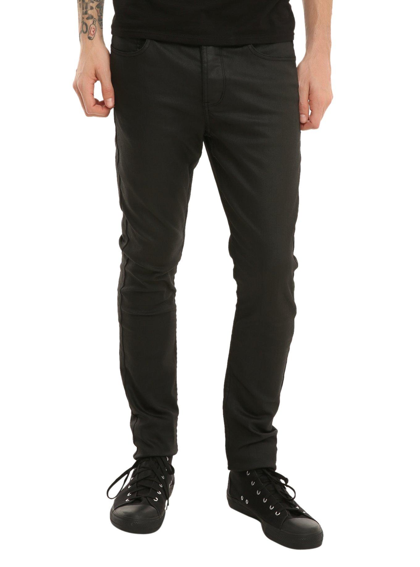 RUDE Black Wax Coated Slouch Skinny Jeans, BLACK, hi-res