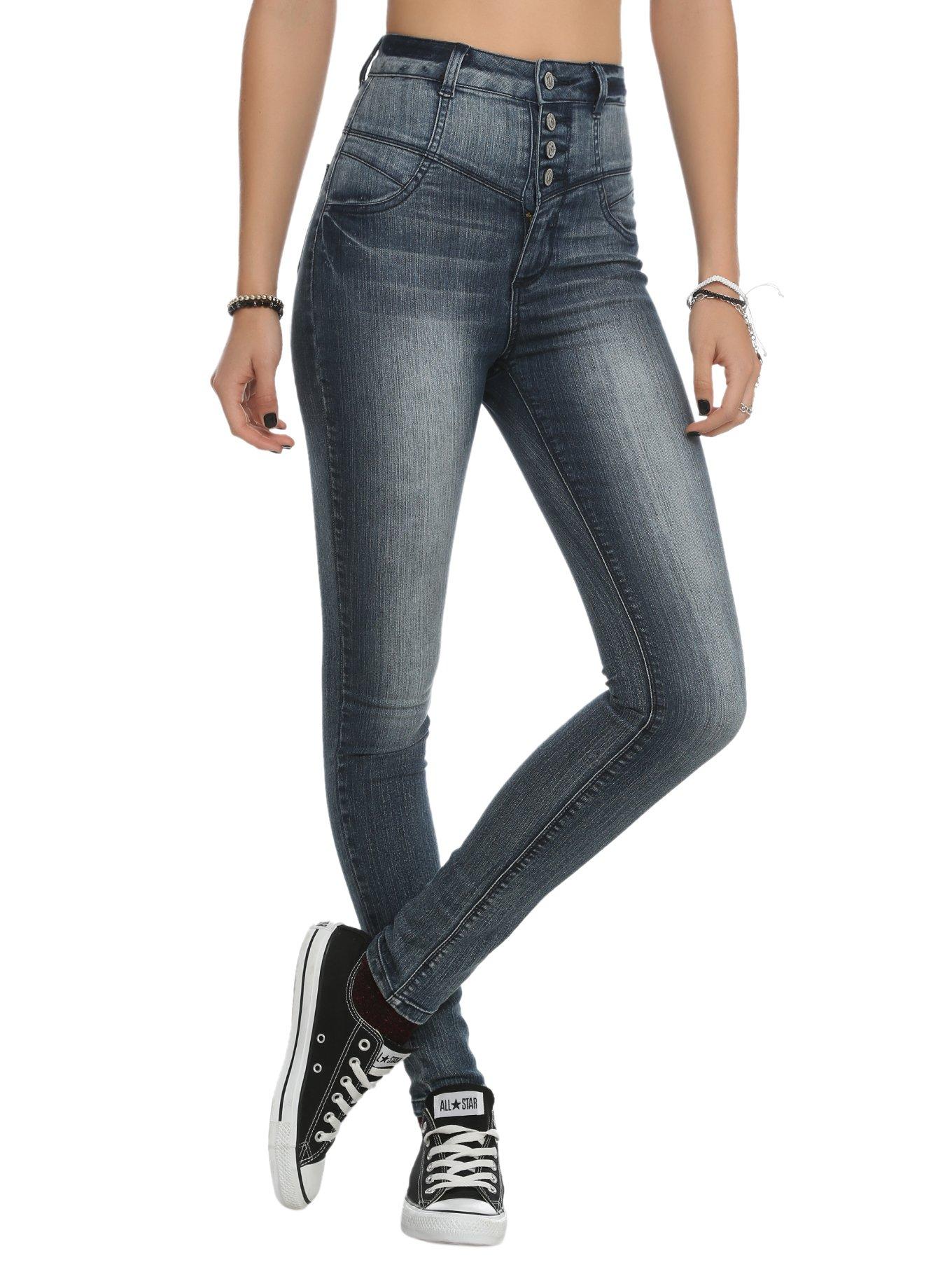 Cello Medium Blue 4-Button High-Waisted Skinny Jeans, BLACK, hi-res